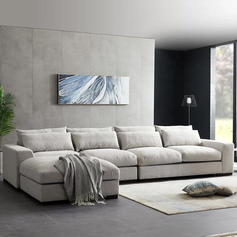 Reversible Corner Sectional Sofa with Ottoman, White Feathers Fabric Linen Modern Living Room Sofa Solid Wood Frame Optional