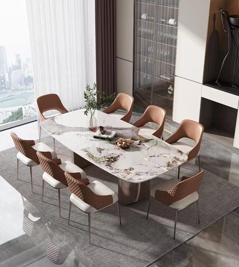 Home furniture modern dining room set marble metal dining table with 6 chairs made in China tables and chairs for restaurant