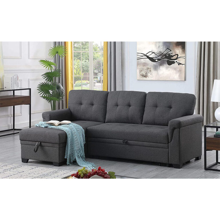 dark Gray Linen Reversible Sleeper Sectional Sofa with Storage Chaise Pull-out Sleeper Tufted living room furniture set sofa bed