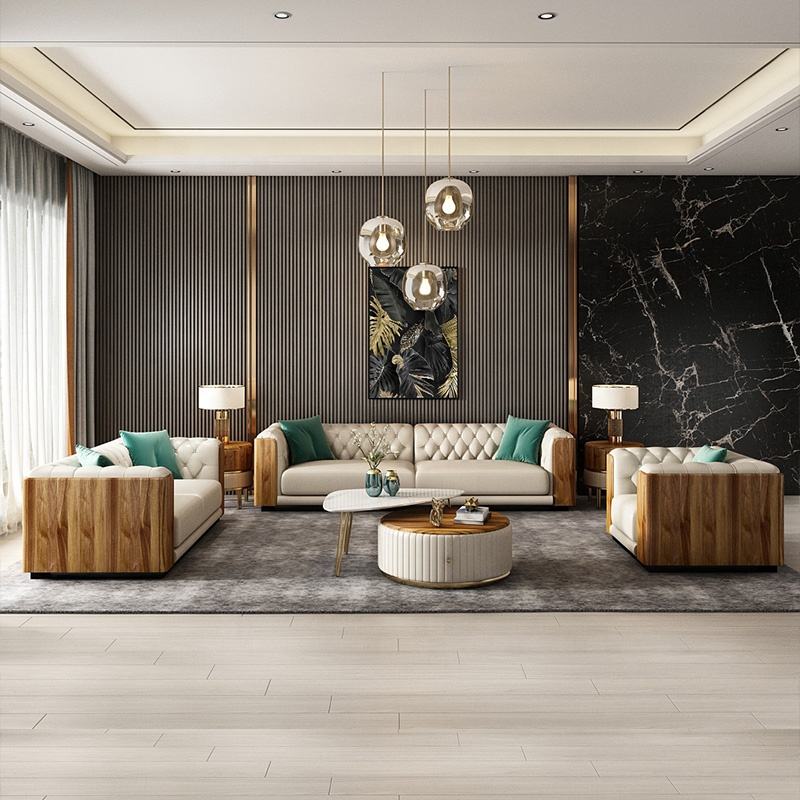 Luxury and elegant design ebony wood living room high quality leather sofa set furniture