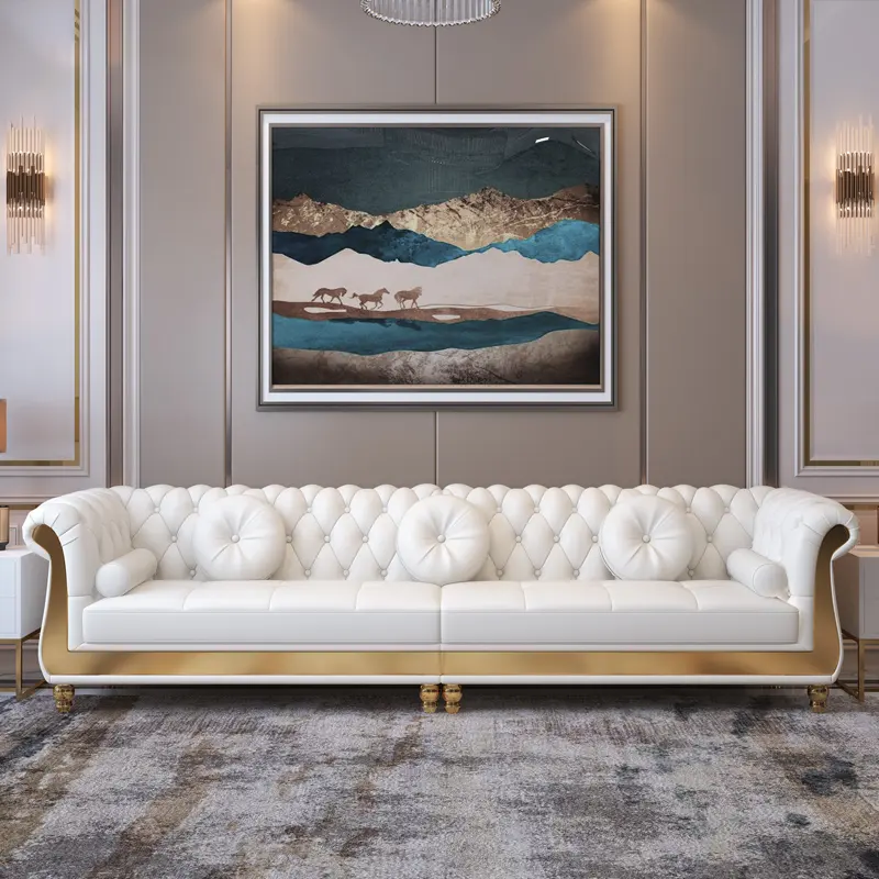 Arabic Luxury Chesterfield Leather Sofa Living Room Sofas Hot Sale White Modern Home Furniture Solid Wood Frame European Style
