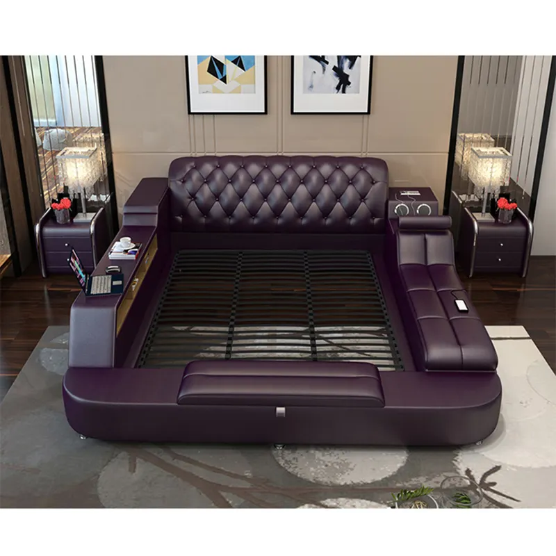 Modern Brown Bedroom Furniture Leather Bed with Speaker USB Charger Massage Sofa Bed Sets