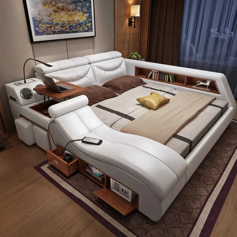 Modern King Size Beds Multifunctional Massage Leather Soft Bed With LED Light & USB