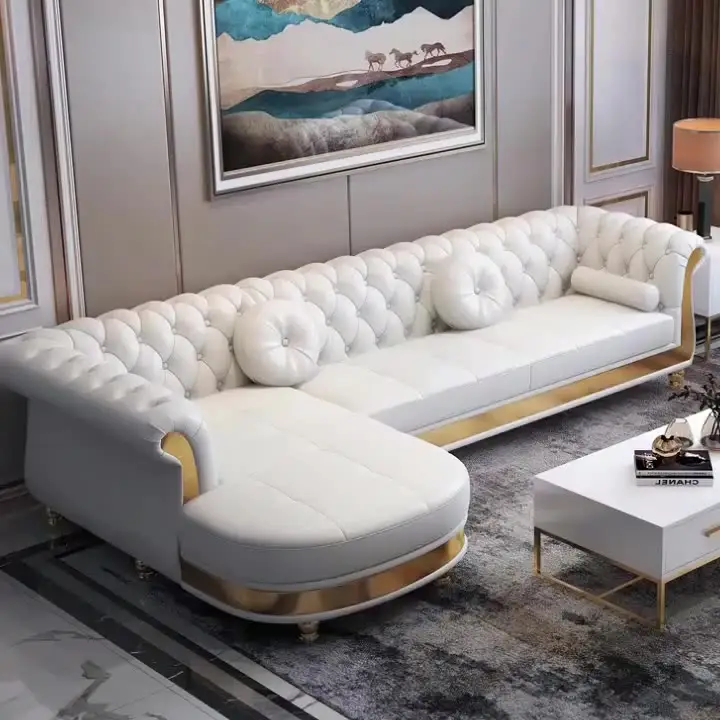 Arabic Luxury Chesterfield Leather Sofa Living Room Sofas Hot Sale White Modern Home Furniture Solid Wood Frame European Style
