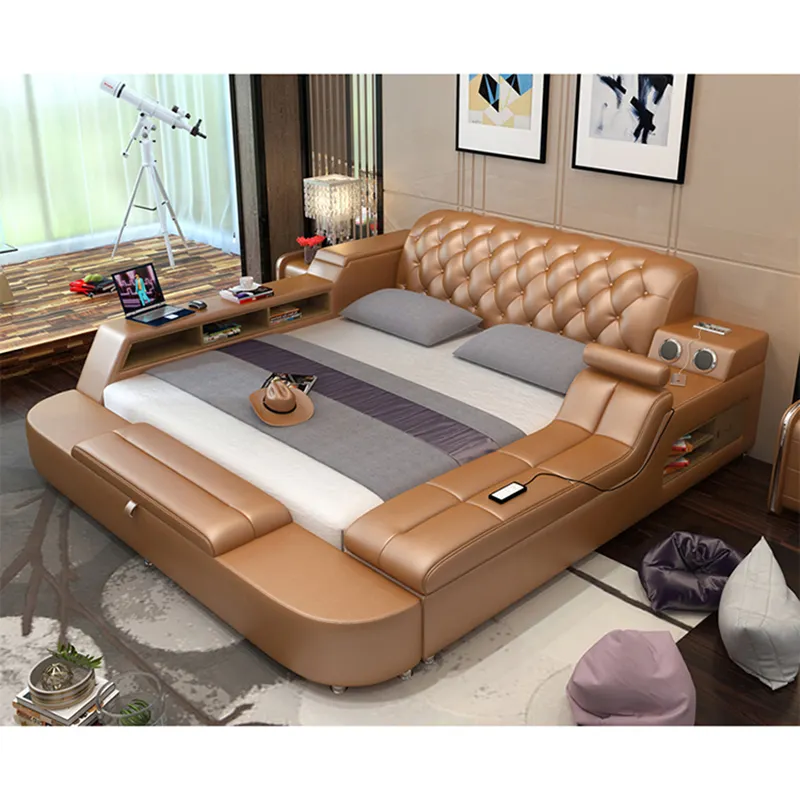 Modern Brown Bedroom Furniture Leather Bed with Speaker USB Charger Massage Sofa Bed Sets