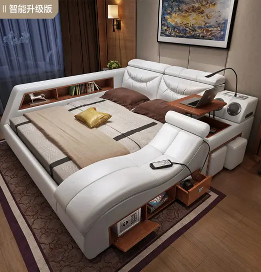 Modern King Size Beds Multifunctional Massage Leather Soft Bed With LED Light & USB