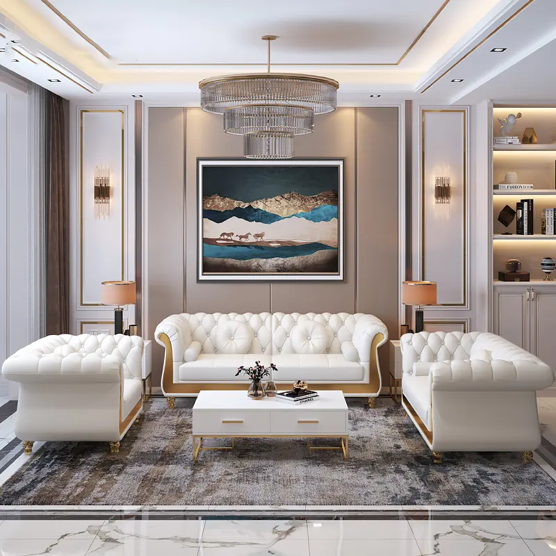 Arabic Luxury Chesterfield Leather Sofa Living Room Sofas Hot Sale White Modern Home Furniture Solid Wood Frame European Style