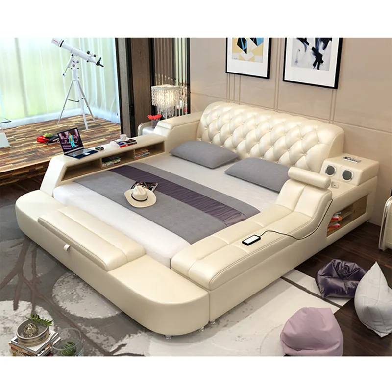 Modern Brown Bedroom Furniture Leather Bed with Speaker USB Charger Massage Sofa Bed Sets