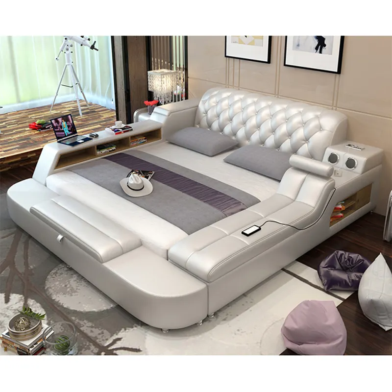 Modern Brown Bedroom Furniture Leather Bed with Speaker USB Charger Massage Sofa Bed Sets