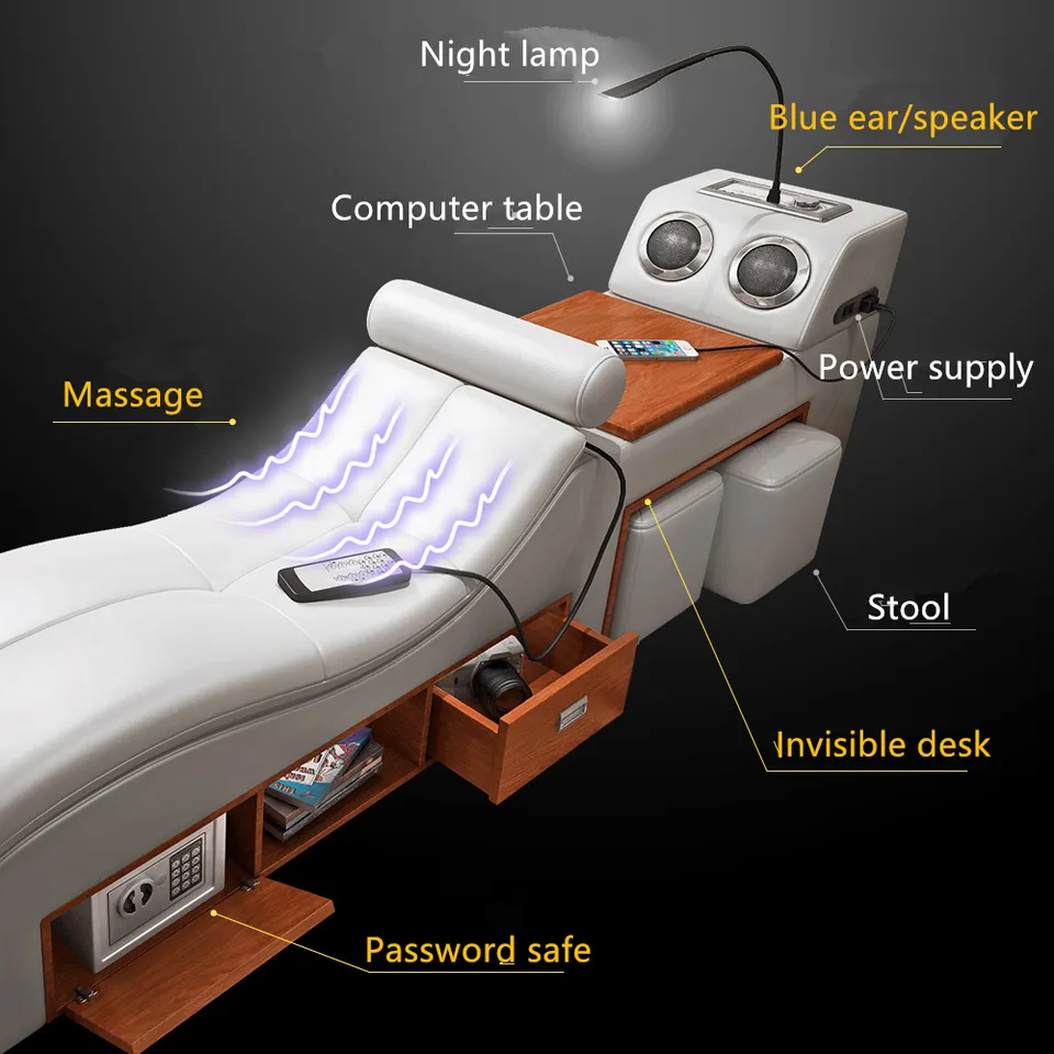 Modern King Size Beds Multifunctional Massage Leather Soft Bed With LED Light & USB
