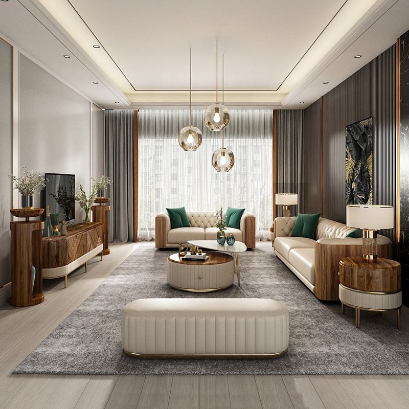 Luxury and elegant design ebony wood living room high quality leather sofa set furniture