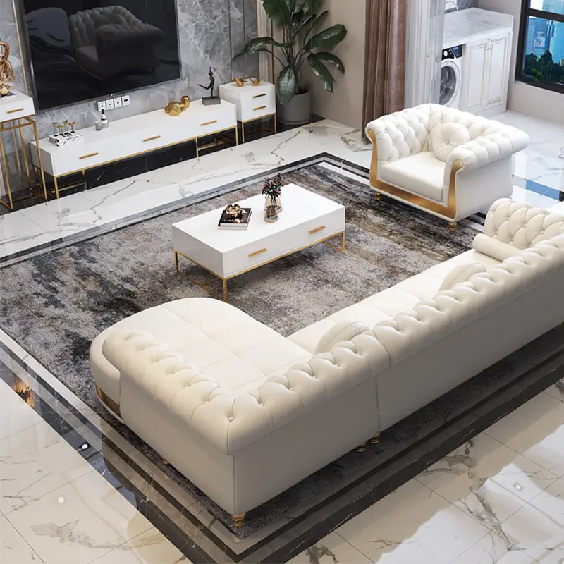 Arabic Luxury Chesterfield Leather Sofa Living Room Sofas Hot Sale White Modern Home Furniture Solid Wood Frame European Style