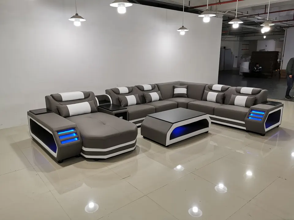 Modern Living Room Sofa Set Genuine Leather Sofas with USB Music Speaker