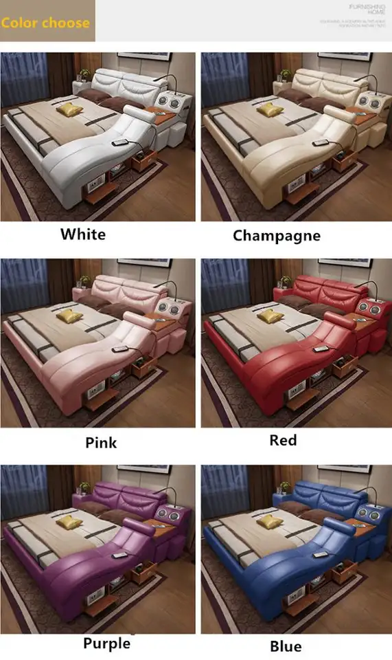 Modern King Size Beds Multifunctional Massage Leather Soft Bed With LED Light & USB