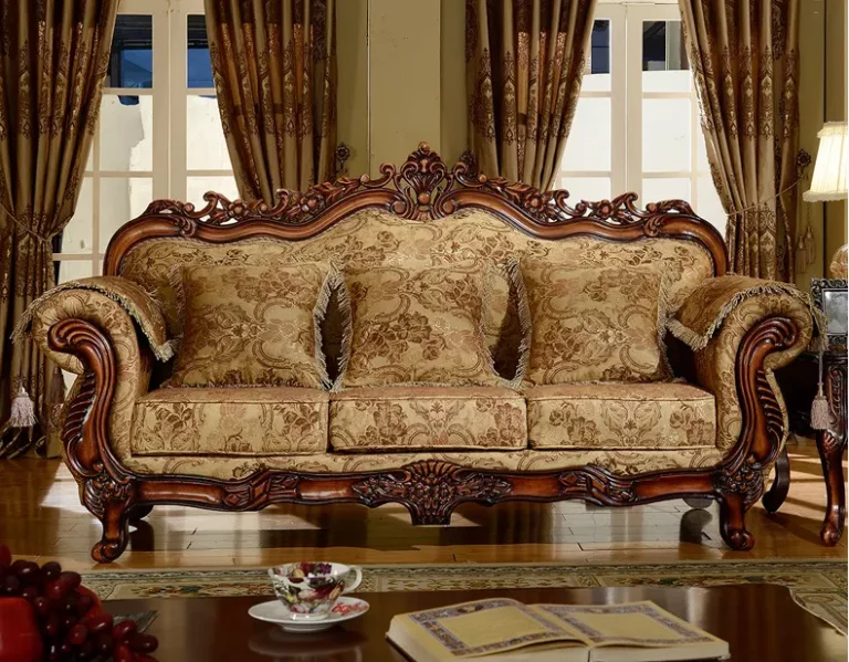 European classic luxury wooden carved sofa set American style wooden carving living room chesterfield sofa set