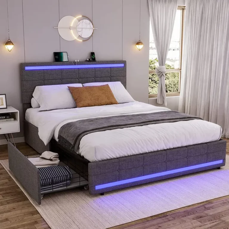 Wholesale Home Furniture Linen Fabric Queen Size Storage LED Light Smart USB charge Bed Frame With Drawers