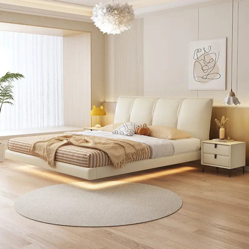 PU leather soft headboard hanging marriage queen floating bed led induction light with double upholstered bed frame
