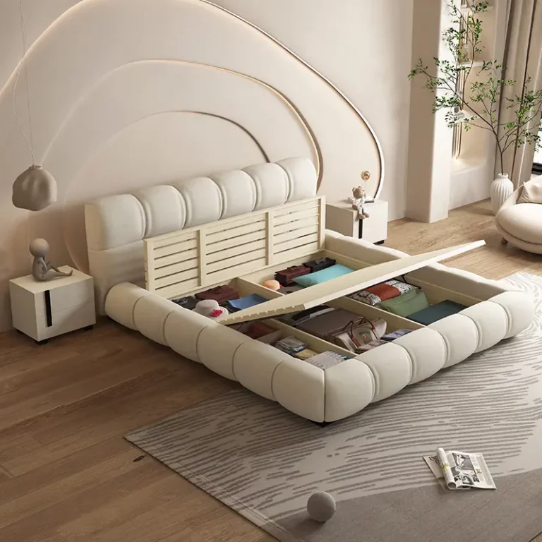 Italian Design Beige Technology Flannelette Tatami Bed King Size Gas Lift Storage Bed Wooden Frame