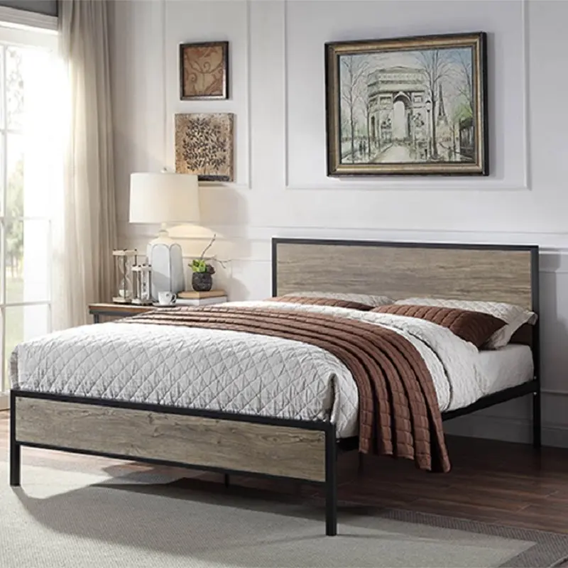 customized classic design platform rustic metal bed with wood headboard