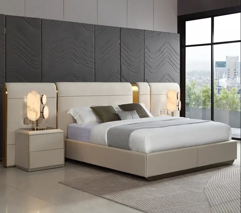 Wholesale solid wood frame upholstered bedroom furniture metal big headboard white leather beds set