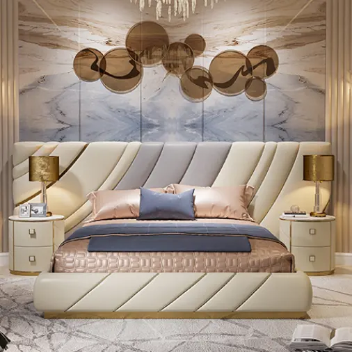 Luxury bedroom furniture extended big headboard customize double full queen king size leather upholstered bed