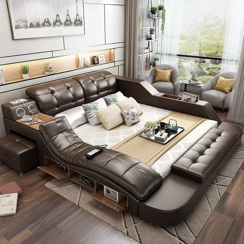 King size storage wooden high most top grain leather bed bedroom furniture designs bedding set tufted modern bed king size