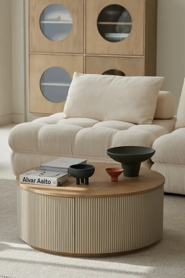Luxury vintage nodic Japandi modern 2 drawers multifunctional storage oak round wood table coffee table set luxury moder