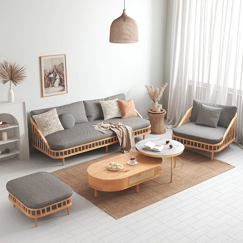 Living Room Modern House Furniture Rattan style Leisure Solid Wood Sofa Set