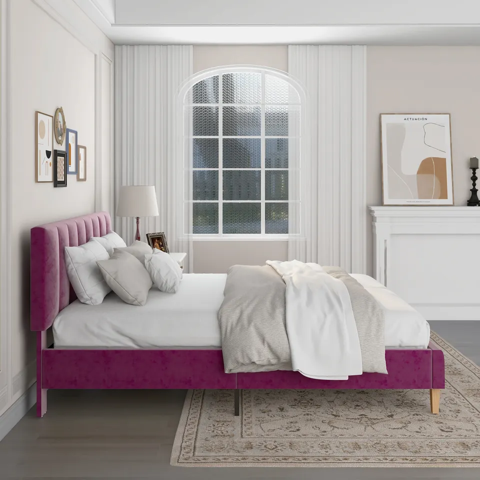 Modern Furniture Fabric Slat Dormitory Room King Queen Double Bed Frame Wood Bed