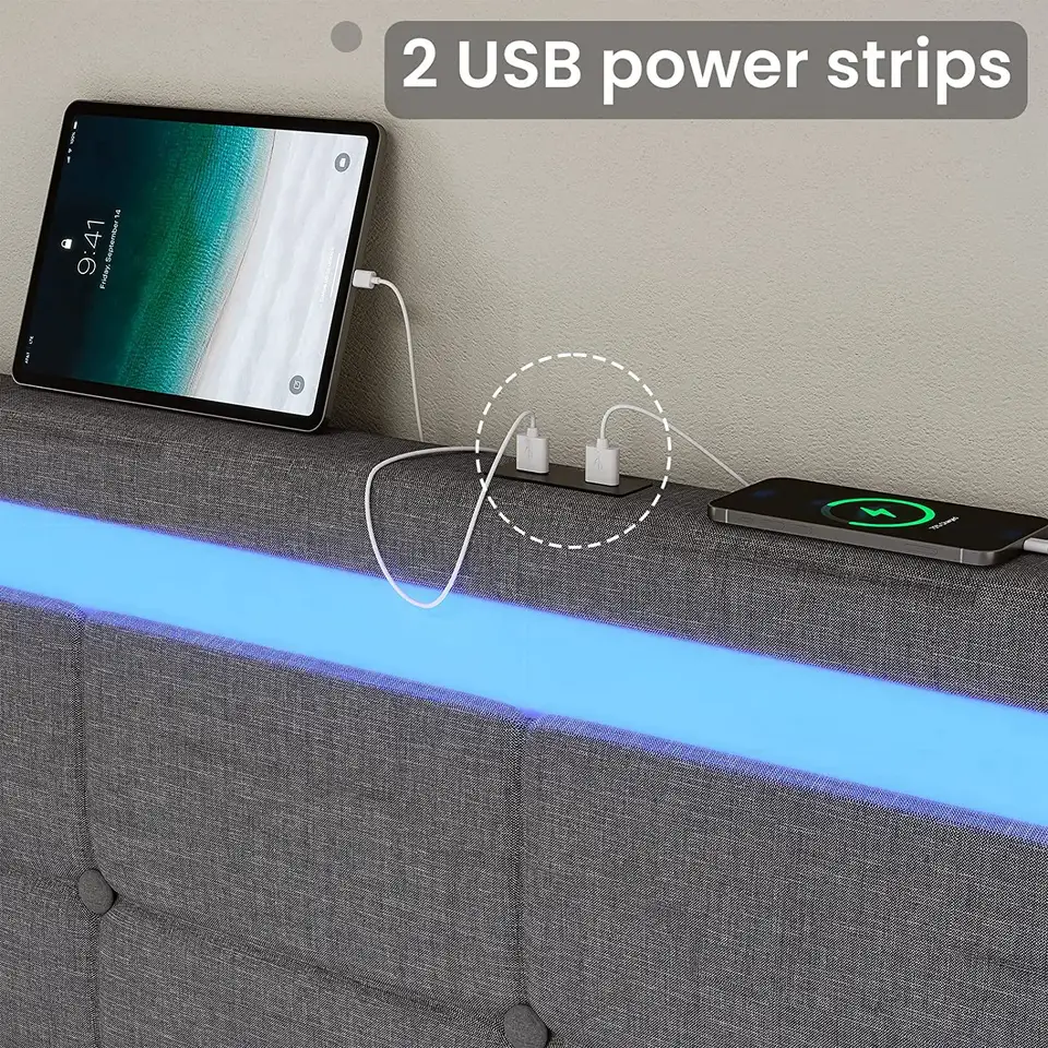 Wholesale Home Furniture Linen Fabric Queen Size Storage LED Light Smart USB charge Bed Frame With Drawers
