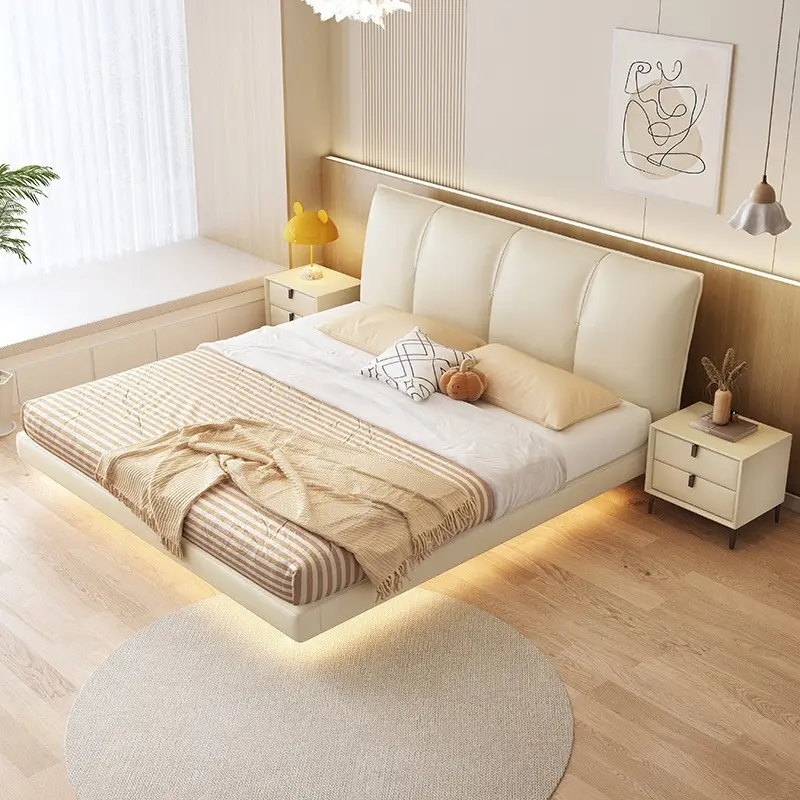 PU leather soft headboard hanging marriage queen floating bed led induction light with double upholstered bed frame