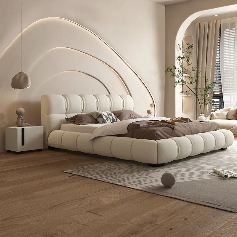 Italian Design Beige Technology Flannelette Tatami Bed King Size Gas Lift Storage Bed Wooden Frame