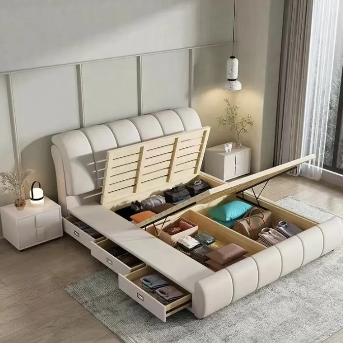 Leather Upholstered Bed Gas Lift Storage Soild Wood Design King Size Bedroom Furniture Wooden Bed Frame With Drawers