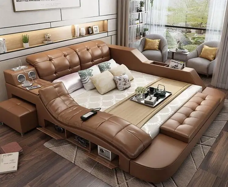 King size storage wooden high most top grain leather bed bedroom furniture designs bedding set tufted modern bed king size