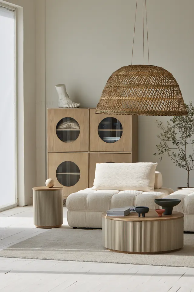 Luxury vintage nodic Japandi modern 2 drawers multifunctional storage oak round wood table coffee table set luxury moder