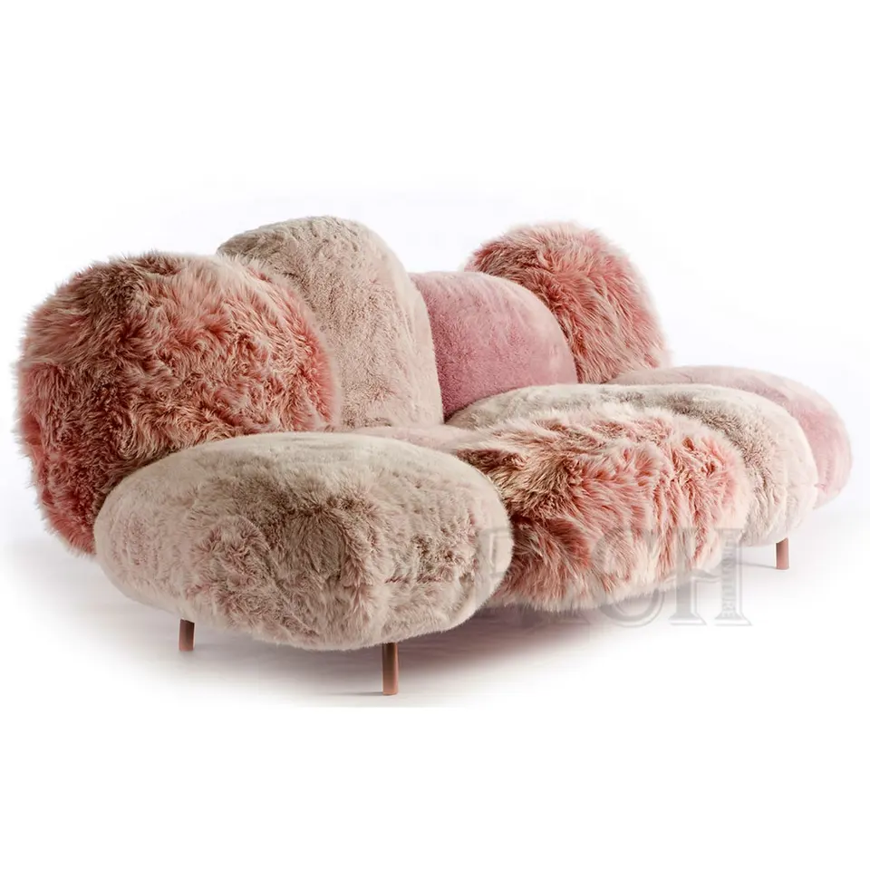 white modern sofa designer commercial furniture European soft small sofa living room fluffy wool fur shaggy sofa