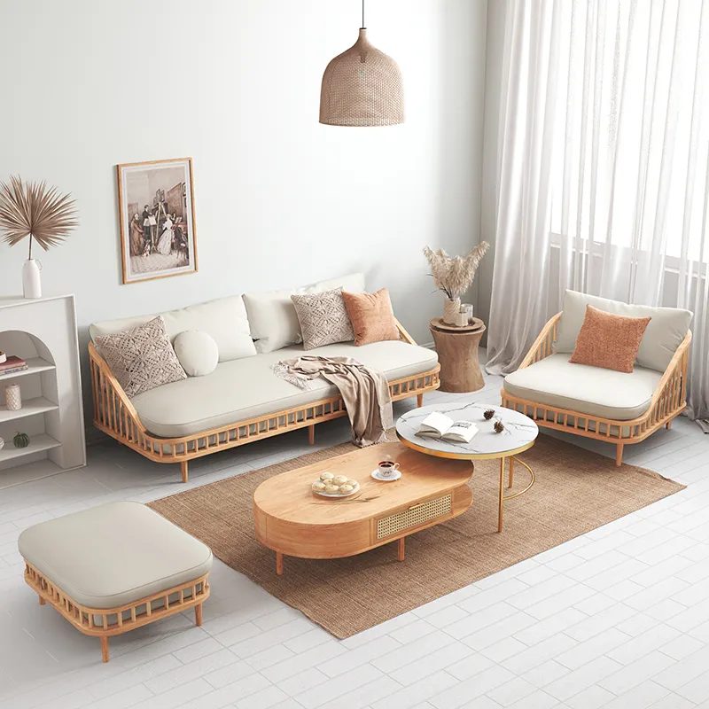 Living Room Modern House Furniture Rattan style Leisure Solid Wood Sofa Set