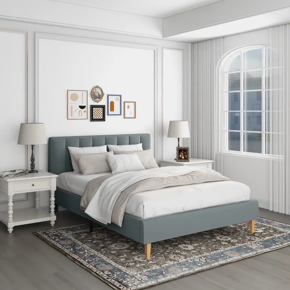 Modern Furniture Fabric Slat Dormitory Room King Queen Double Bed Frame Wood Bed