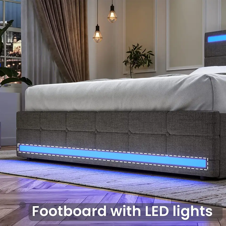 Wholesale Home Furniture Linen Fabric Queen Size Storage LED Light Smart USB charge Bed Frame With Drawers