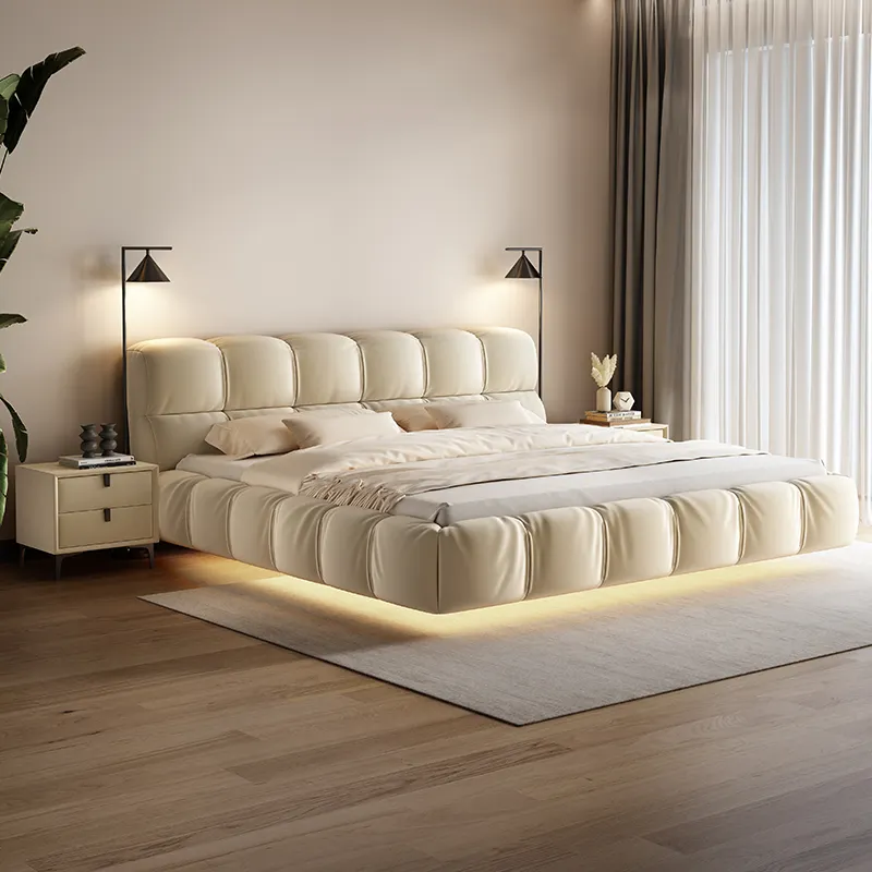 PU leather soft headboard hanging marriage queen floating bed led induction light with double upholstered bed frame