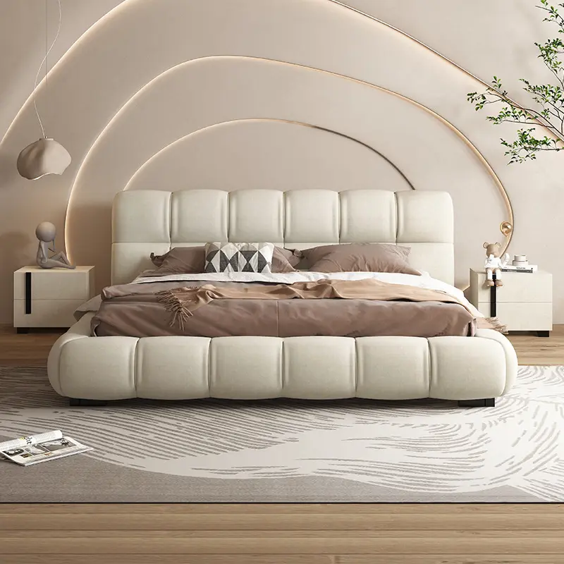 Italian Design Beige Technology Flannelette Tatami Bed King Size Gas Lift Storage Bed Wooden Frame