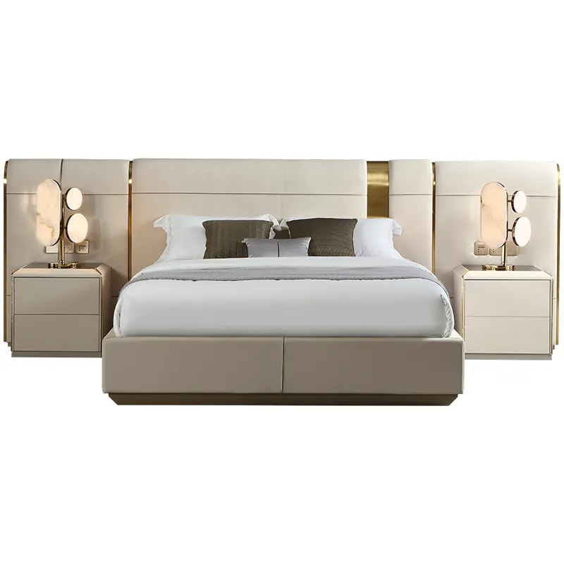 Wholesale solid wood frame upholstered bedroom furniture metal big headboard white leather beds set