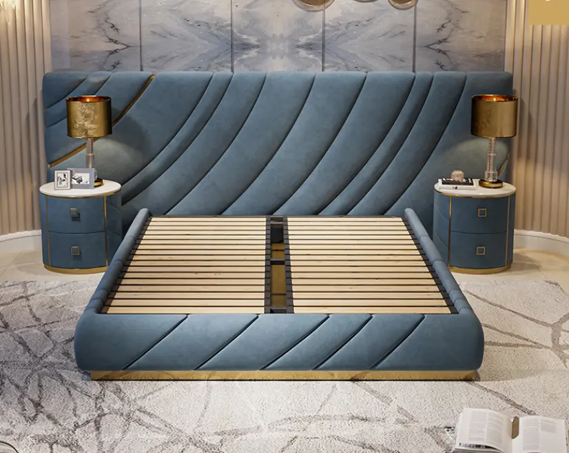 Luxury bedroom furniture extended big headboard customize double full queen king size leather upholstered bed