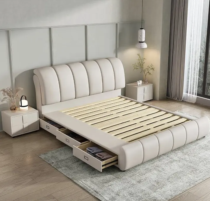 Leather Upholstered Bed Gas Lift Storage Soild Wood Design King Size Bedroom Furniture Wooden Bed Frame With Drawers