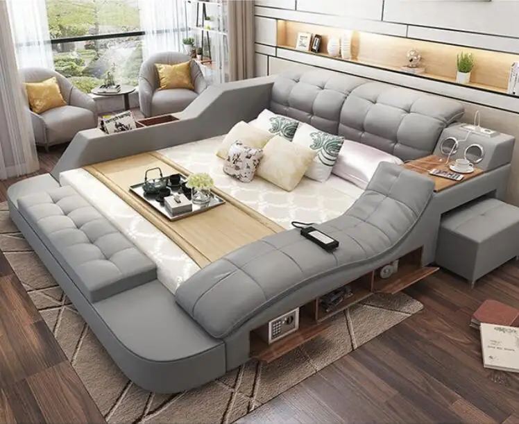 King size storage wooden high most top grain leather bed bedroom furniture designs bedding set tufted modern bed king size