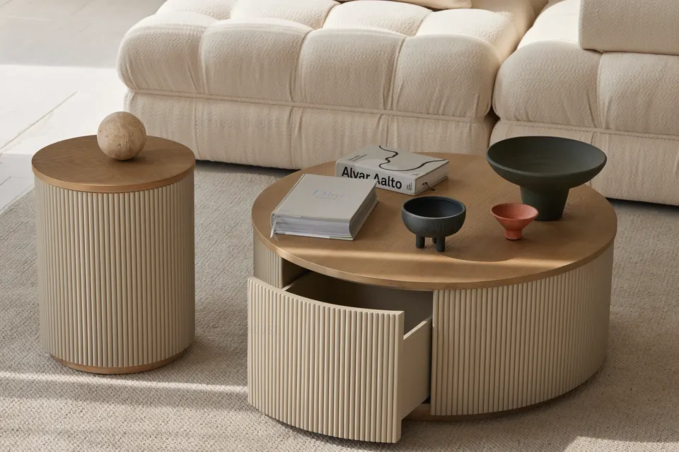Luxury vintage nodic Japandi modern 2 drawers multifunctional storage oak round wood table coffee table set luxury moder
