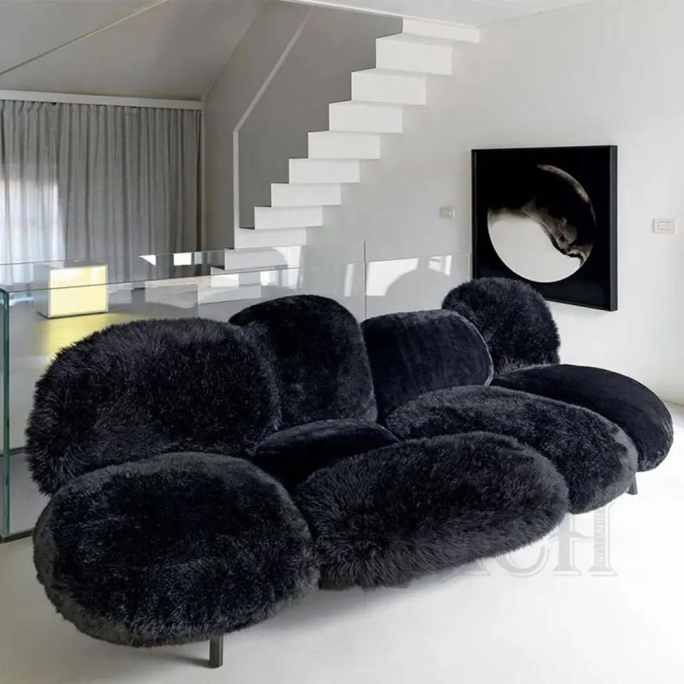 white modern sofa designer commercial furniture European soft small sofa living room fluffy wool fur shaggy sofa