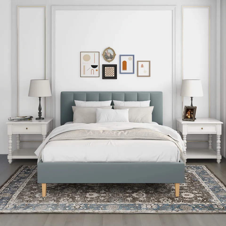 Modern Furniture Fabric Slat Dormitory Room King Queen Double Bed Frame Wood Bed