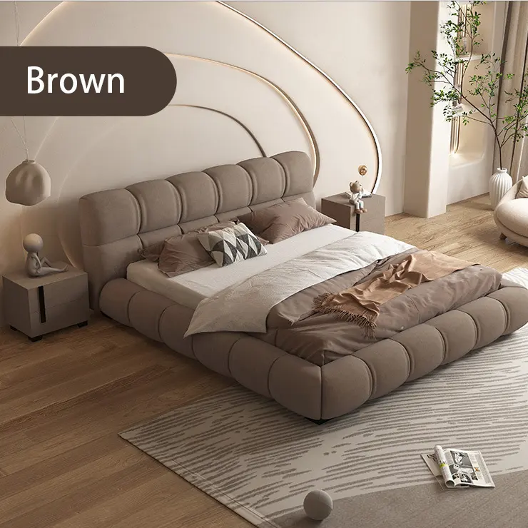 Italian Design Beige Technology Flannelette Tatami Bed King Size Gas Lift Storage Bed Wooden Frame