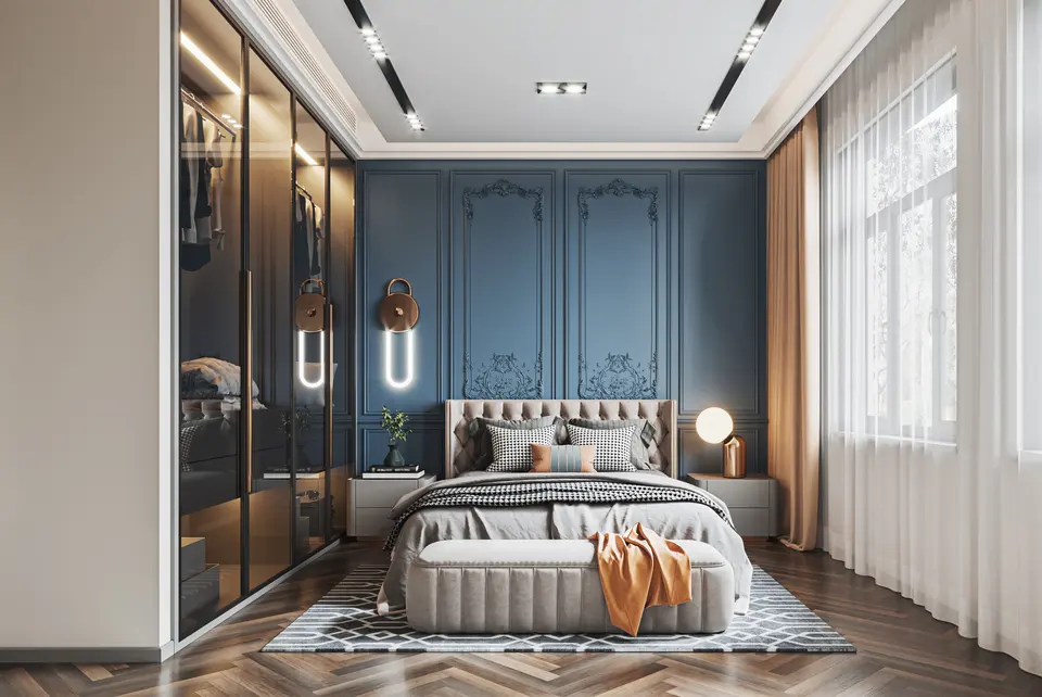 New villa modern style mid century wardrobe wood furniture wardrobe high gloss lacquer glass wardrobe